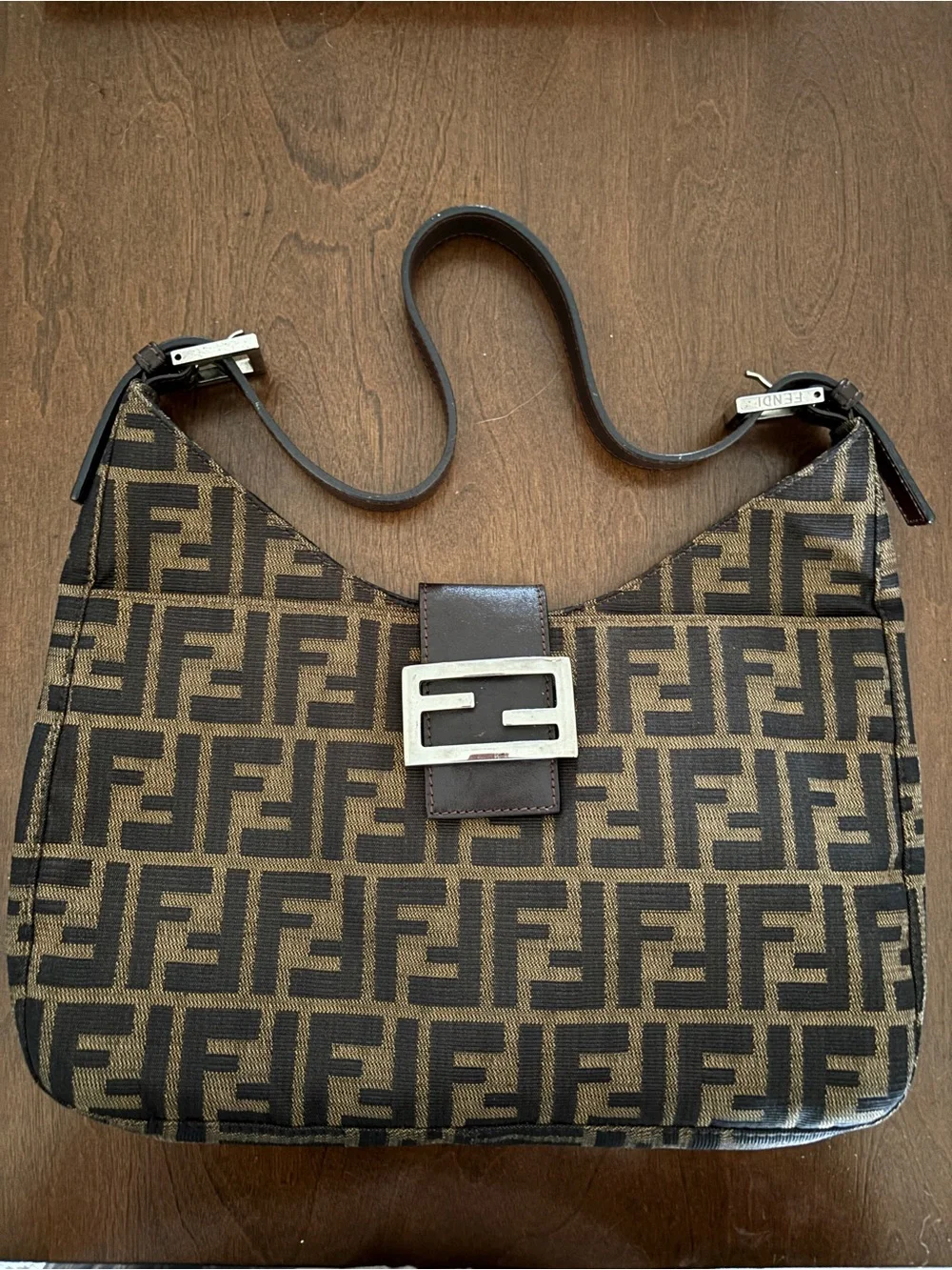 Fendi Black and Brown FF Logo Shoulder Baguette